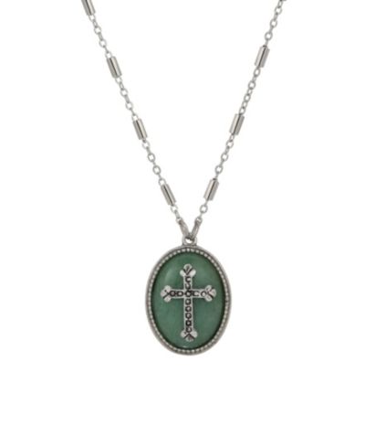 Подвеска Symbols of Faith Silver-Tone Oval Adventurine Stone Pewter Cross, 18"
