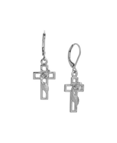 Symbols of Faith Silver Tone Cross Leverback Earrings