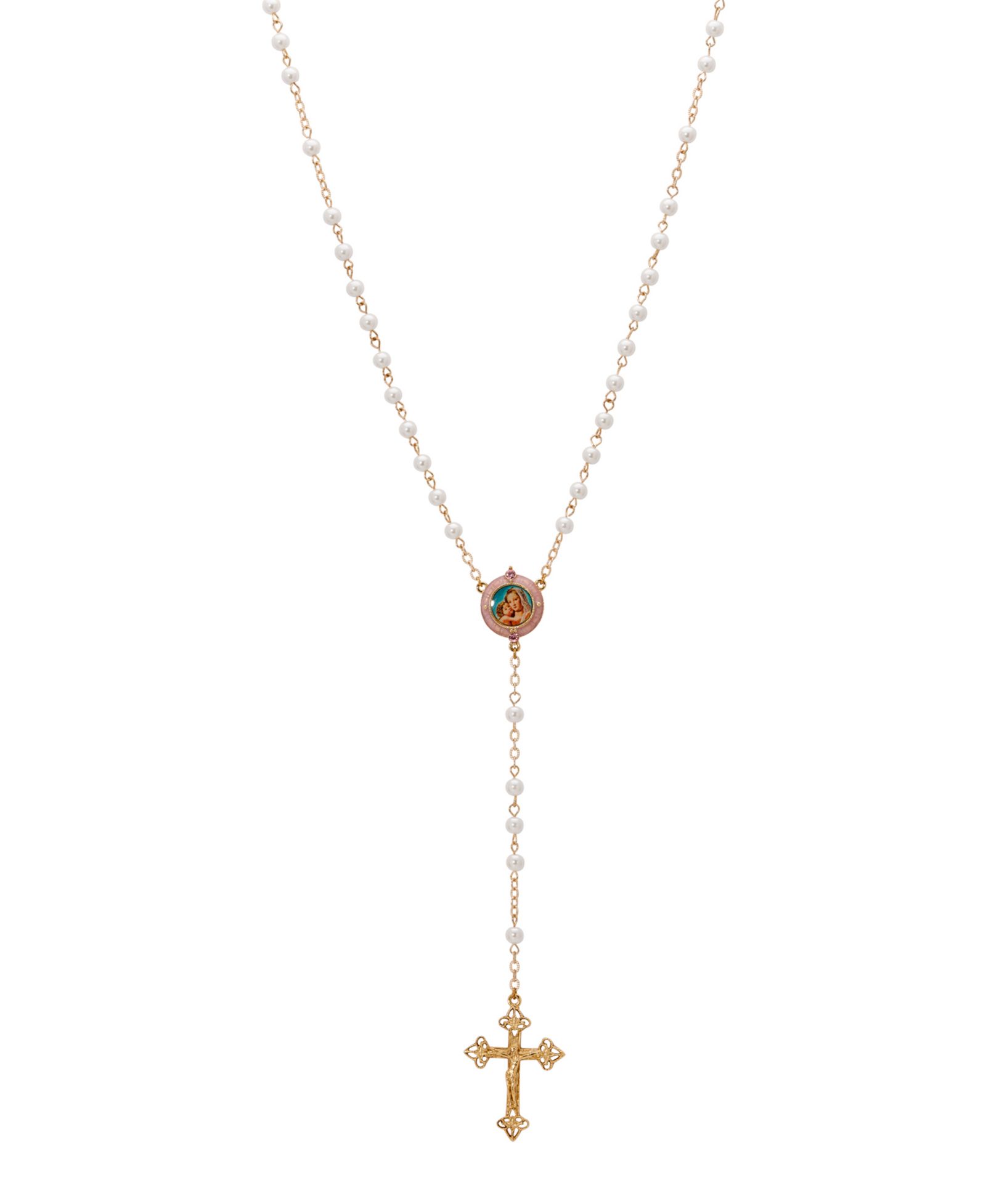 Symbols of Faith розарий с имитацией жемчуга и декором Mary Child в золотом напылении 14k