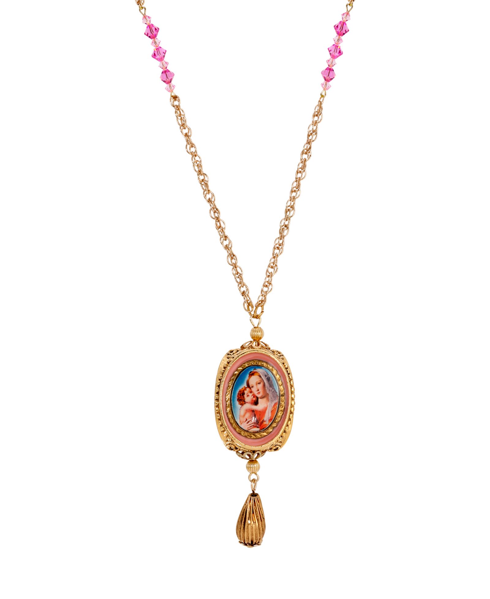 Symbols of Faith 14k Gold Dipped Pink Crystal Lady Guadalupe Decal 28" Spinner Pendant Necklace