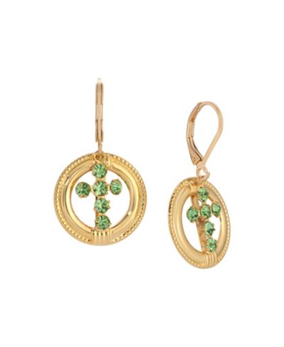Symbols of Faith 14k Gold Dipped Green Peridot Crystal Cross Leverback Earrings