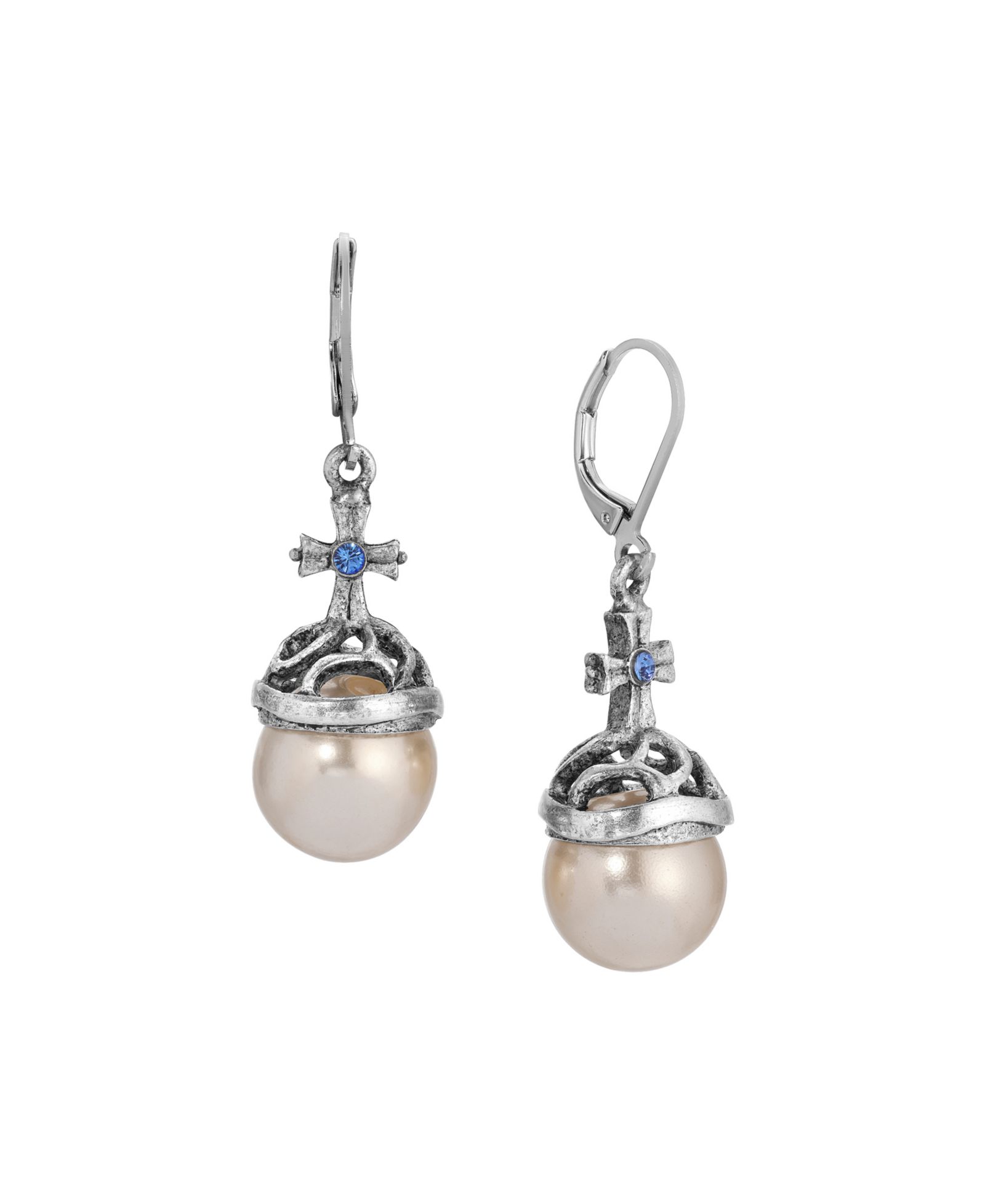 Symbols of Faith Silver Tone Faux Pearl Stone Blue Crystal Cross Leverback Earrings