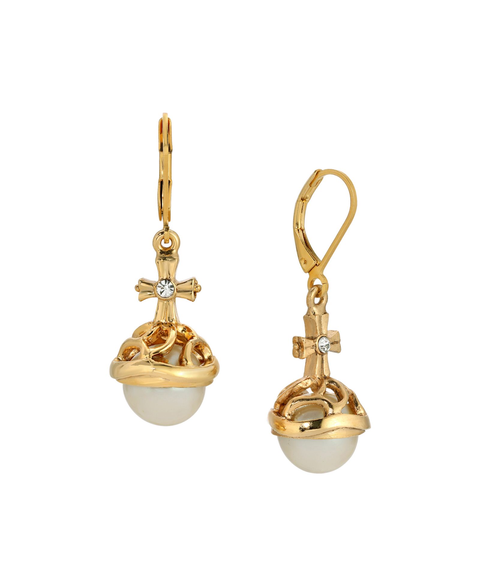 Symbols of Faith серьги с кристаллами и искусственным жемчугом 14k Gold Dipped