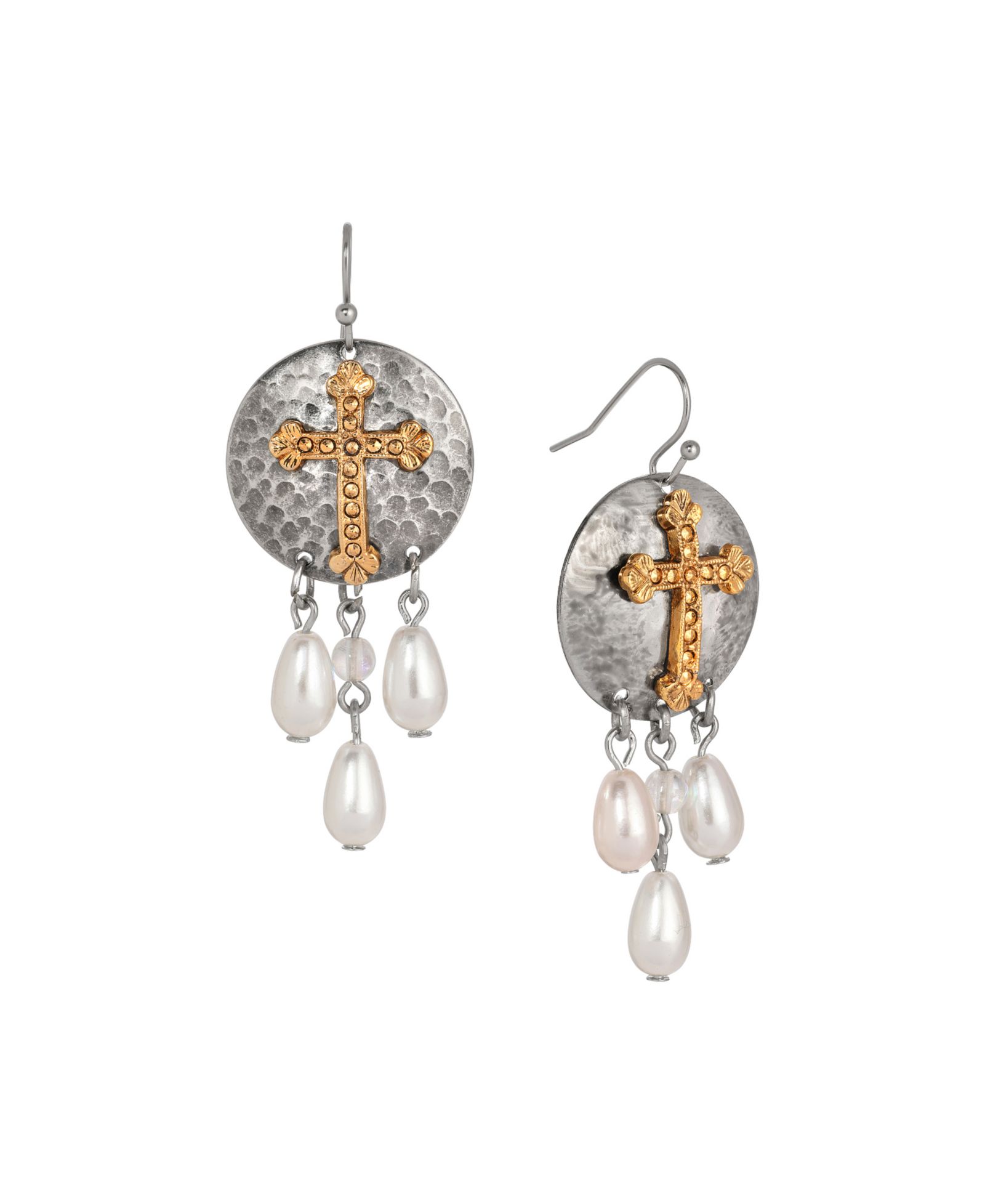 Серьги Symbols of Faith Silver Tone 14k Gold Dipped Cross с искусственным жемчугом