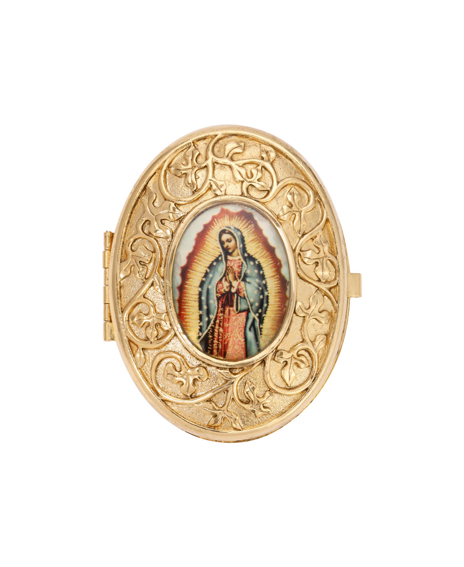 Медальон-шкатулка Symbols of Faith Gold Tone Our Lady of Guadalupe Decal Oval Pill Box