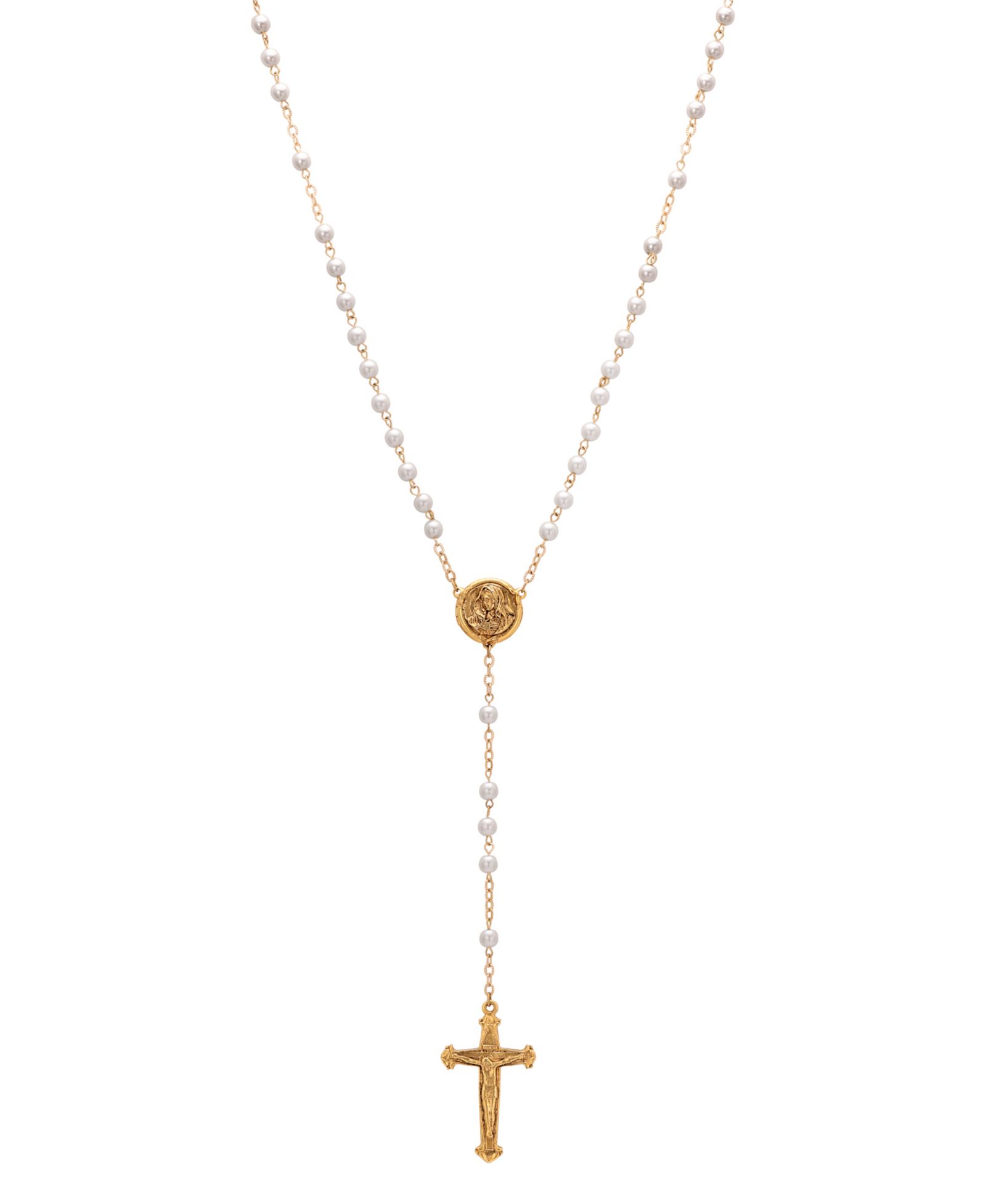Symbols of Faith золотистый розарий с подвеской Дева Мария и белыми бусинами