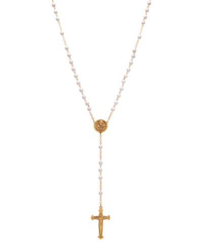 Symbols of Faith золотистый розарий с подвеской Дева Мария и белыми бусинами
