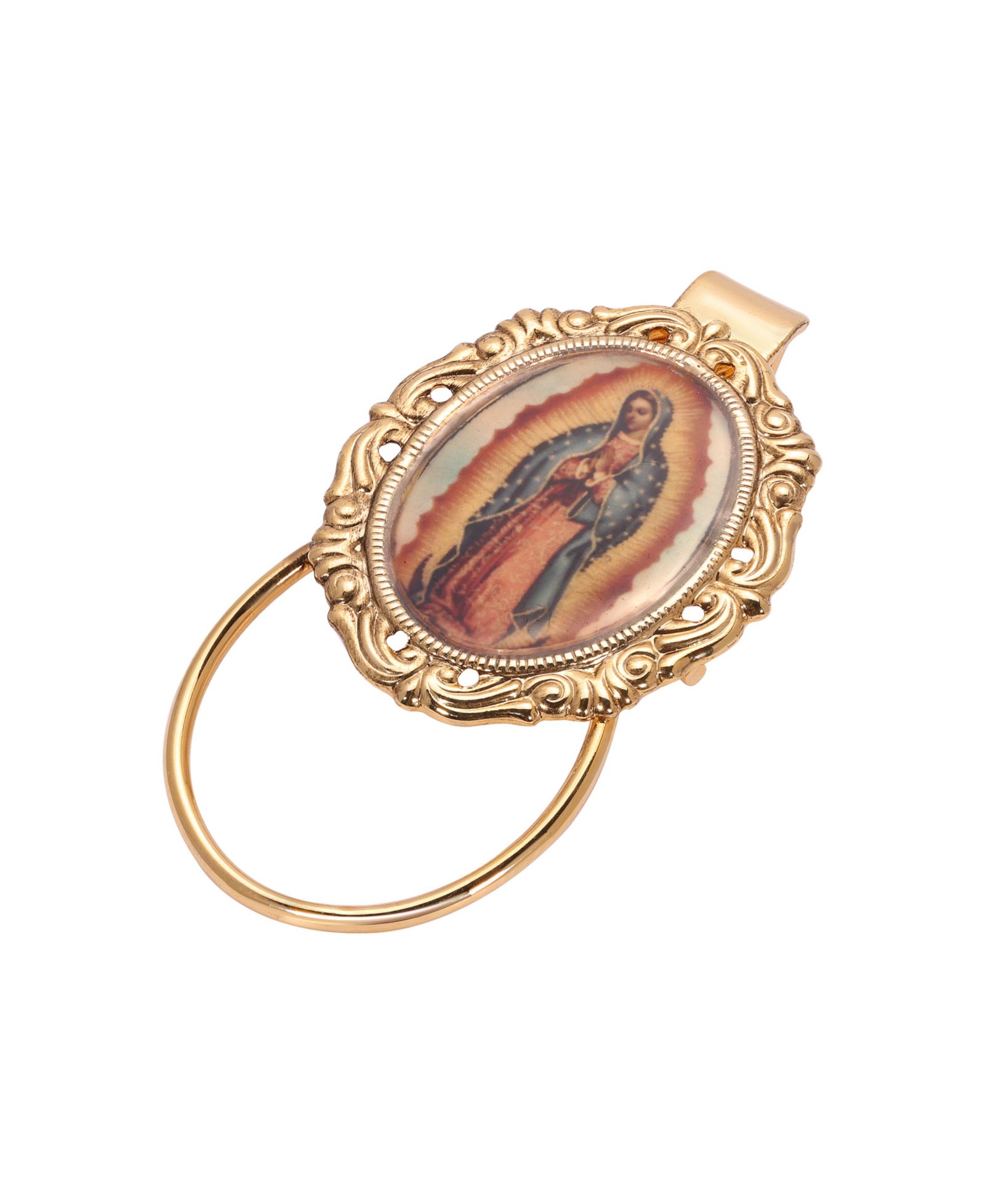 Symbols of Faith Gold Tone Oval Our Lady Of Guadalupe Decal Badge Holder