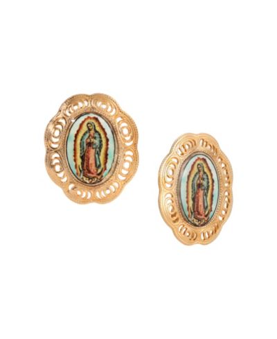 Symbols of Faith Gold Tone Oval Our Lady of Guadalupe Decal Clip Earrings