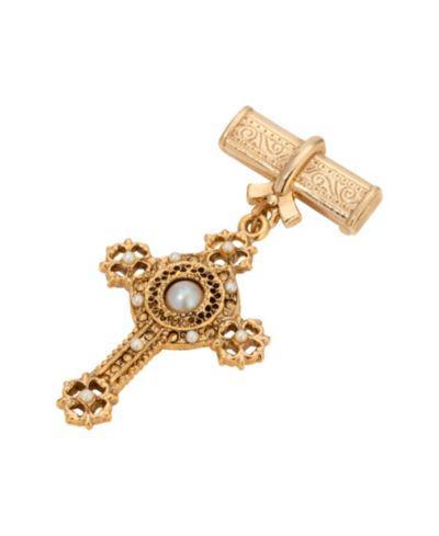 Symbols of Faith Gold Tone Center Imitation Pearl Cross Pin
