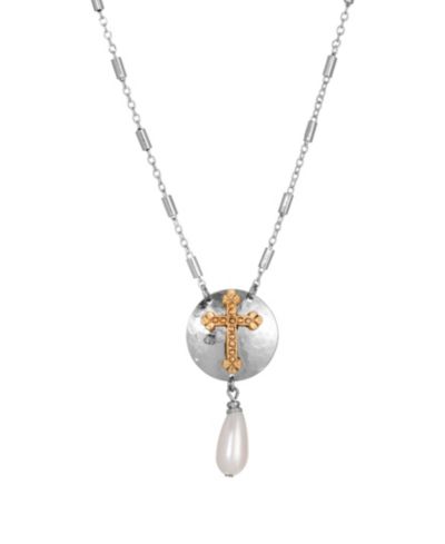 Ожерелье Symbols of Faith с серебристым щитом, крестом и имитацией жемчуга, 16" + 3"