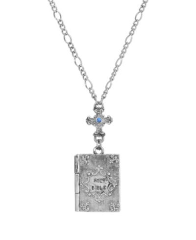 Ожерелье Symbols of Faith Silver Tone Cross Blue Sapphire Stone Bible Locket Holy Family 28"