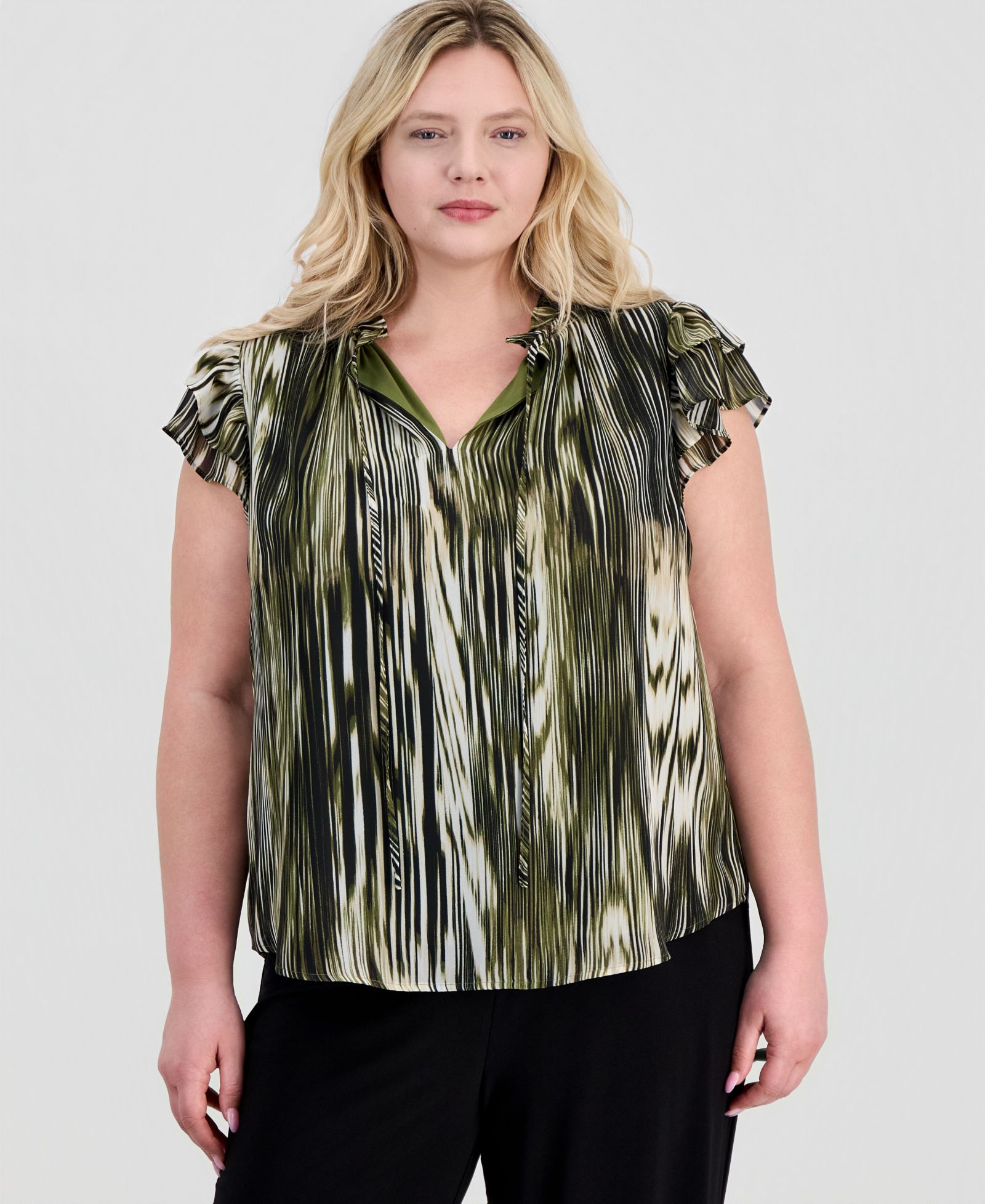 Anne Klein Plus Size Ruffle-Sleeve Tie-Neck Blouse