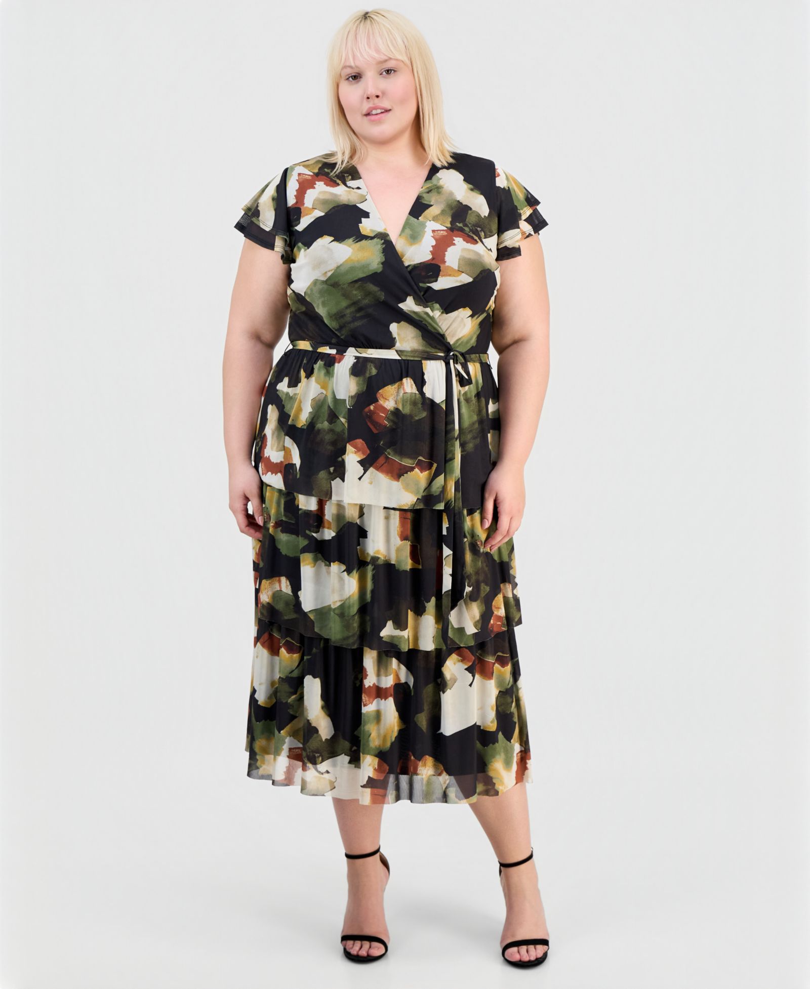 Anne Klein Plus Size Printed Tiered V-Neck Midi платье