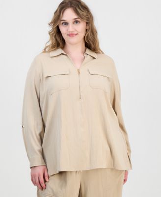 Anne Klein Plus Size Collared Half-Zip Long-Sleeve Top