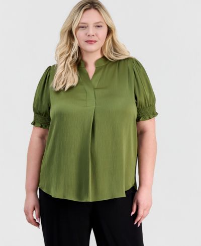 Anne Klein Plus Size Y-Neck Short Puff Sleeve Blouse