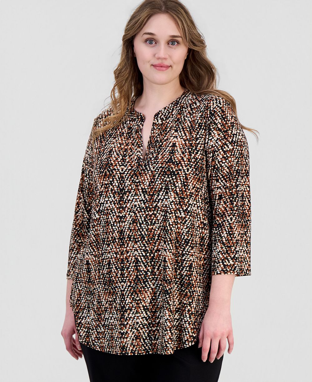 Женский топ Anne Klein Essentials Plus Size Printed Split-Neck 3/4-Sleeve
