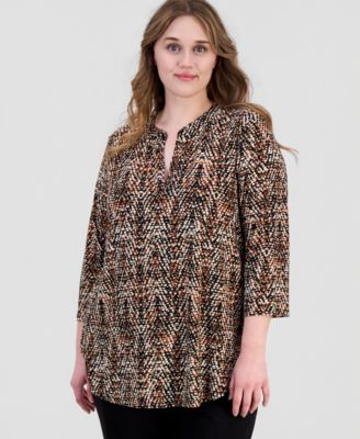 Женский топ Anne Klein Essentials Plus Size Printed Split-Neck 3/4-Sleeve