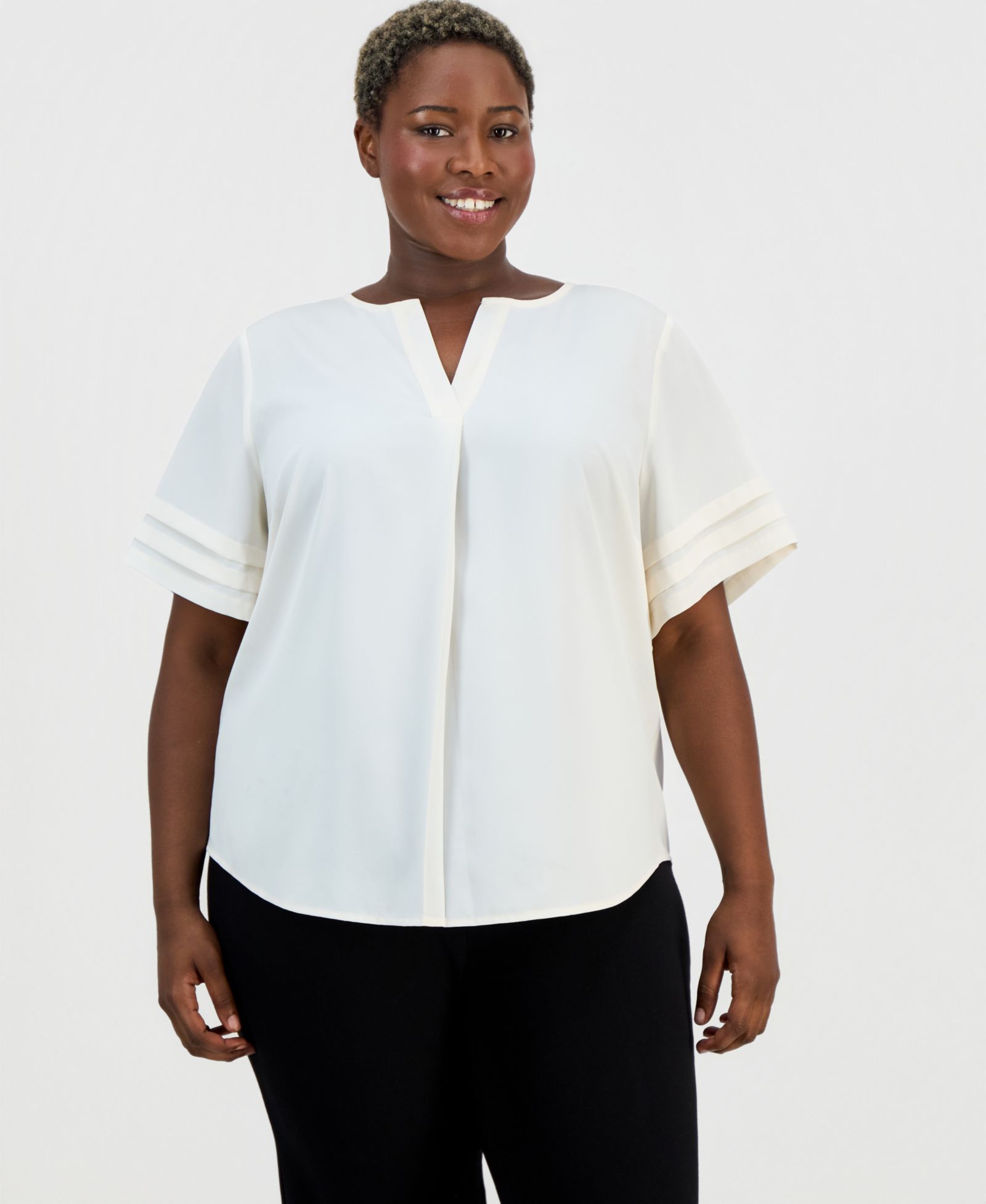 Женский топ Anne Klein Essentials Plus Pleated-Sleeve Split-Neck