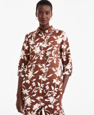Charter Club Petite Linen Floral-Print 3/4-Sleeve with Roll Tabs Top, Macy's Exclusive