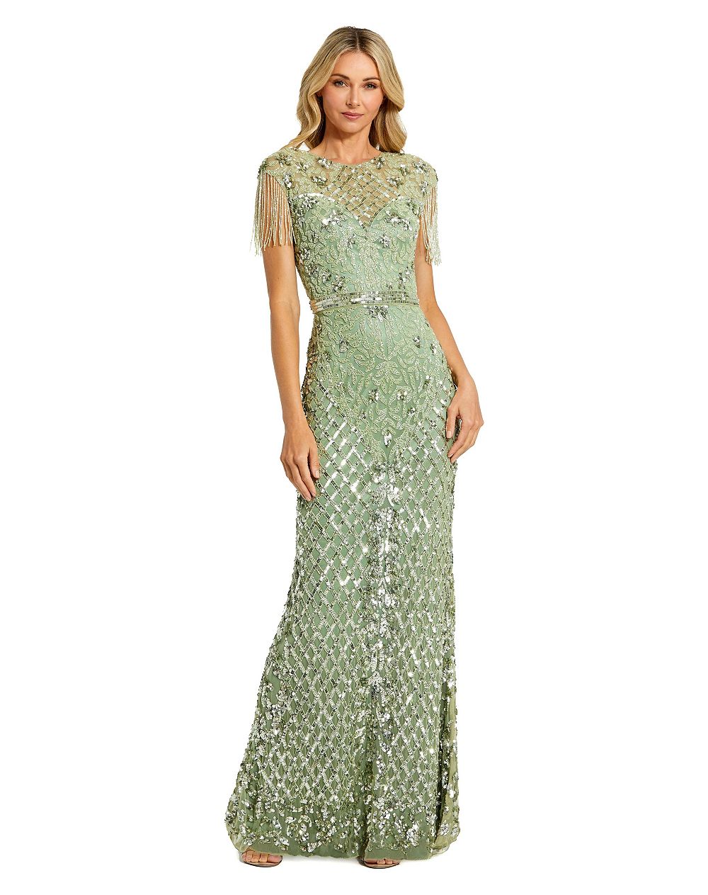 Женское вечернее платье Mac Duggal Petite с бисером, бахромой, высоким воротом и приталенным силуэтом