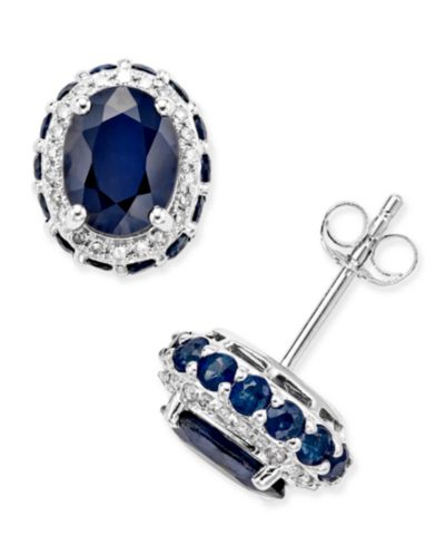 Blue Sapphire (3-7/8 ct. t.w.) and White Sapphire (1/5 ct. t.w.) Oval Stud Earrings в 10k White Gold