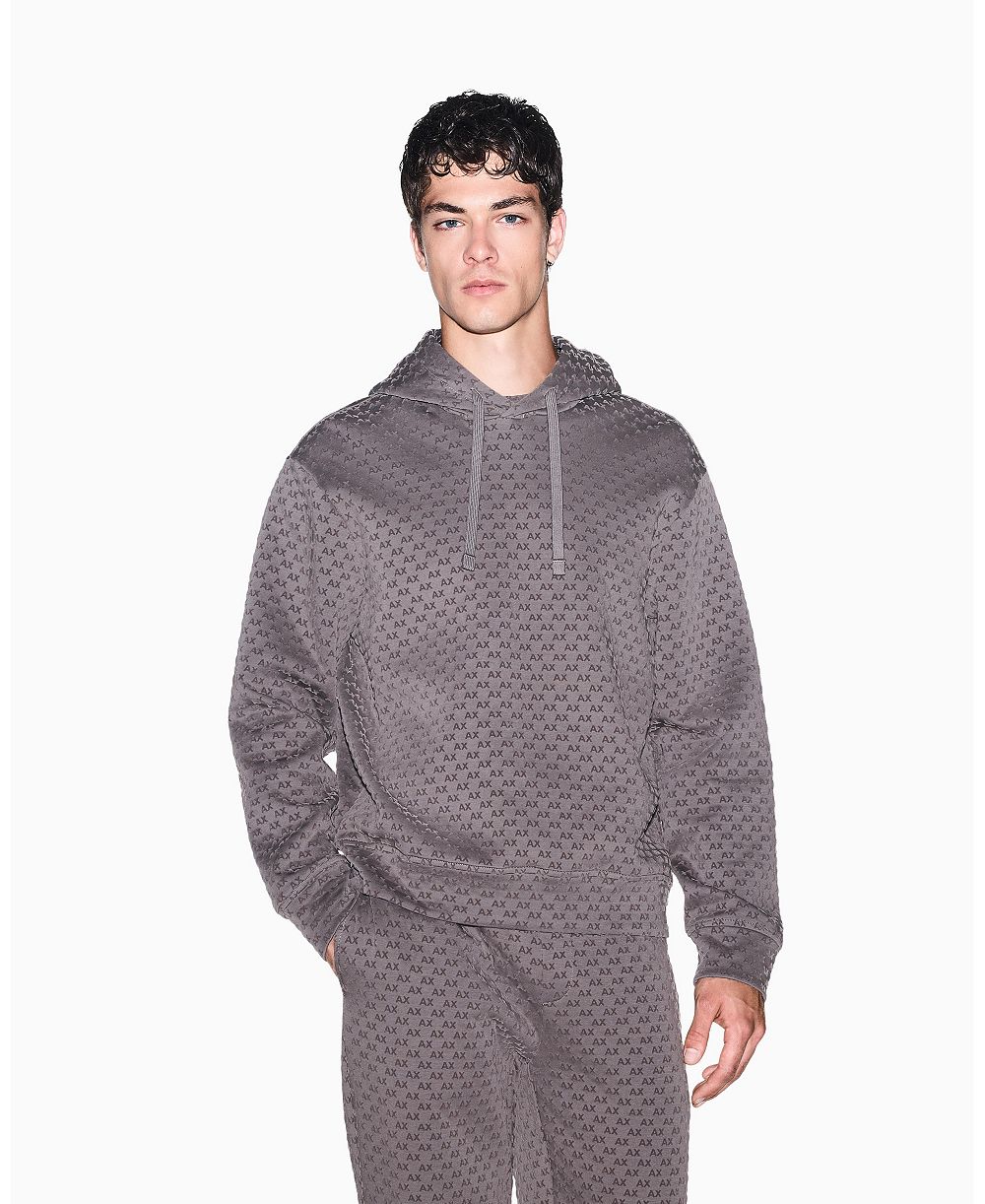 A|X Armani Exchange Men's Bonded Cotton Flocked All Over Logo Hoodie Sweatshirt