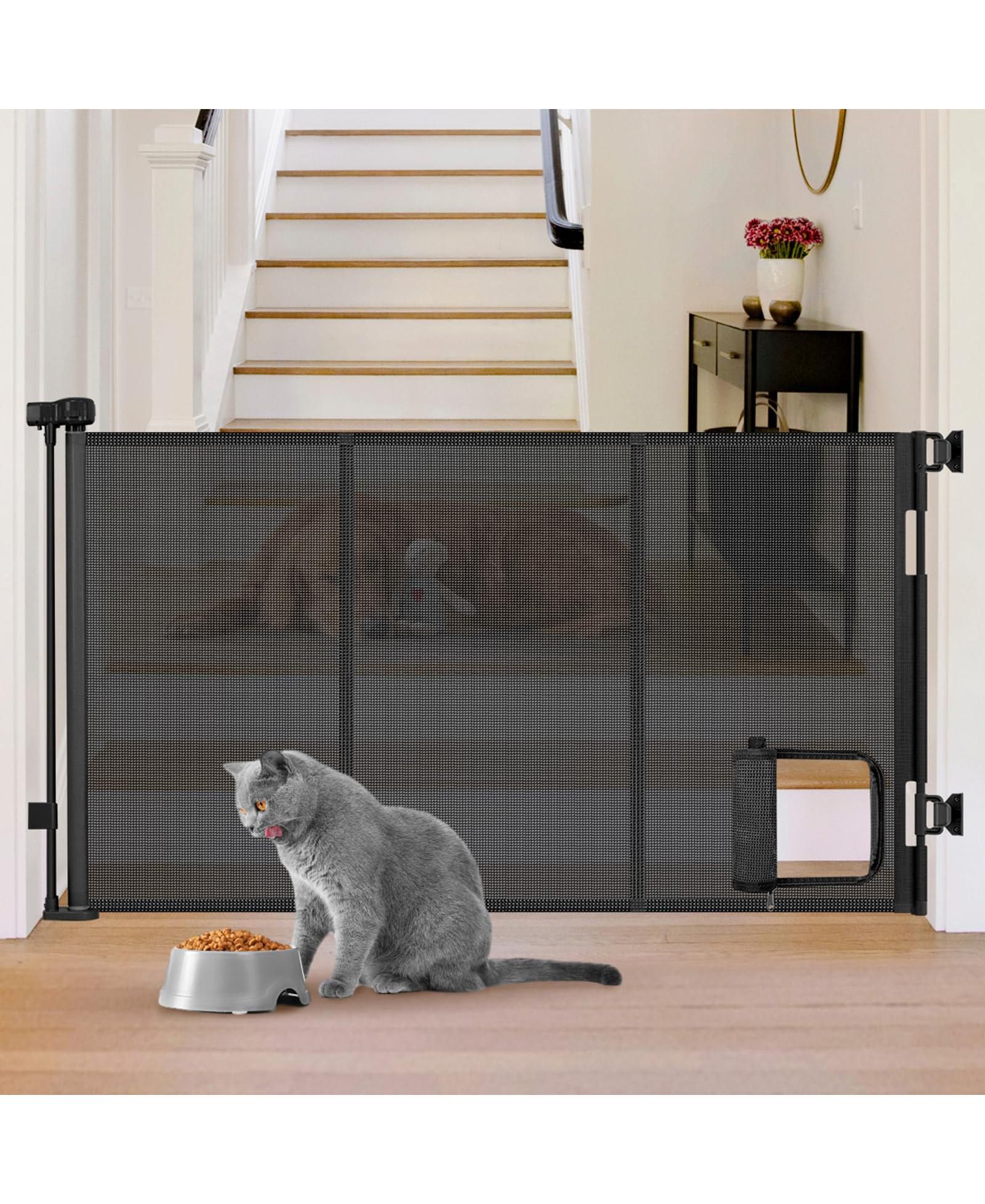 ARONKL Retractable Pet Gate with Cat Door Mesh Dog Gate for Indoor Outdoor Use
