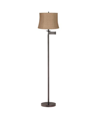 360 Lighting Modern Bronze Swing Arm Floor Lamp 60.5" Tall with Burlap Fabric Drum Shade for Living Room Reading Bedroom Office