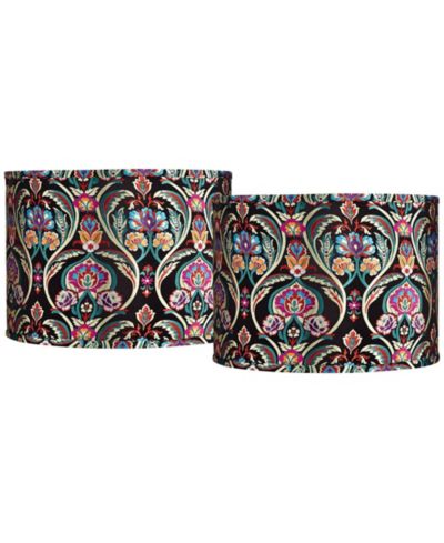 Springcrest Set of 2 Drum Print Lamp Shades Bohemian Medium 15" Top x 15" Bottom x 11" High Spider Harp Finial Fitting