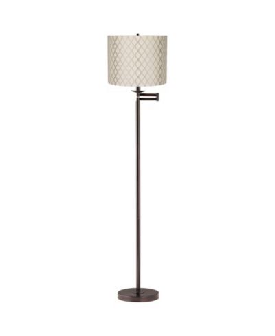 Regency Hill Swing Arm Floor Lamp 60.5" Tall Bronze Embroidered Hourglass Off White Fabric Drum Shade for Living Room Reading Bedroom