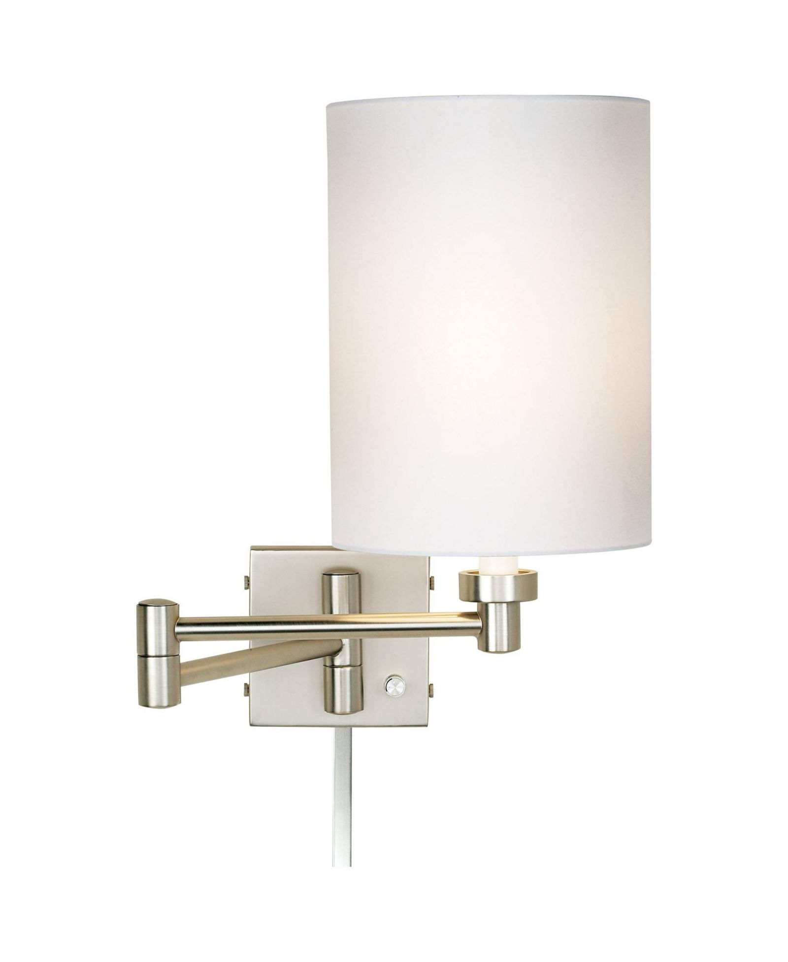 Possini Euro Design Modern Swing Arm Wall Lamp Cord Cover Brushed Nickel Plug-In Light Fixture Cotton Cylinder Shade Bedroom