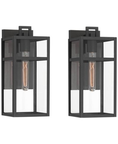 John Timberland San Lucas 14 1/2" High Modern Outdoor Wall Light Fixture Mount Porch House Set of 2 Sand Black Metal Glass Shade