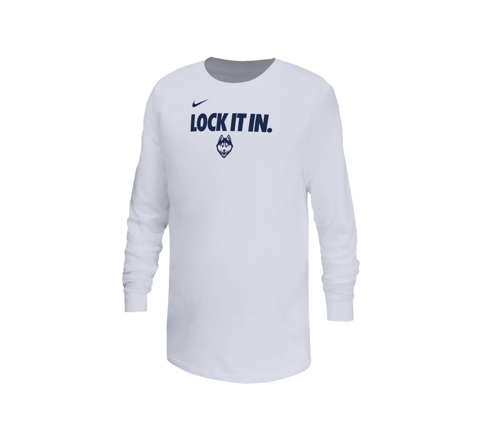 Nike Белая футболка Nike UConn Huskies On-Court Bench Legend Dri-FIT с длинным рукавом для мальчиков и девочек