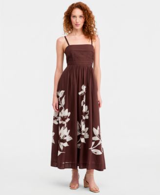 Tahari ASL Women's Pleated-Bodice Printed Cotton Maxi Dress