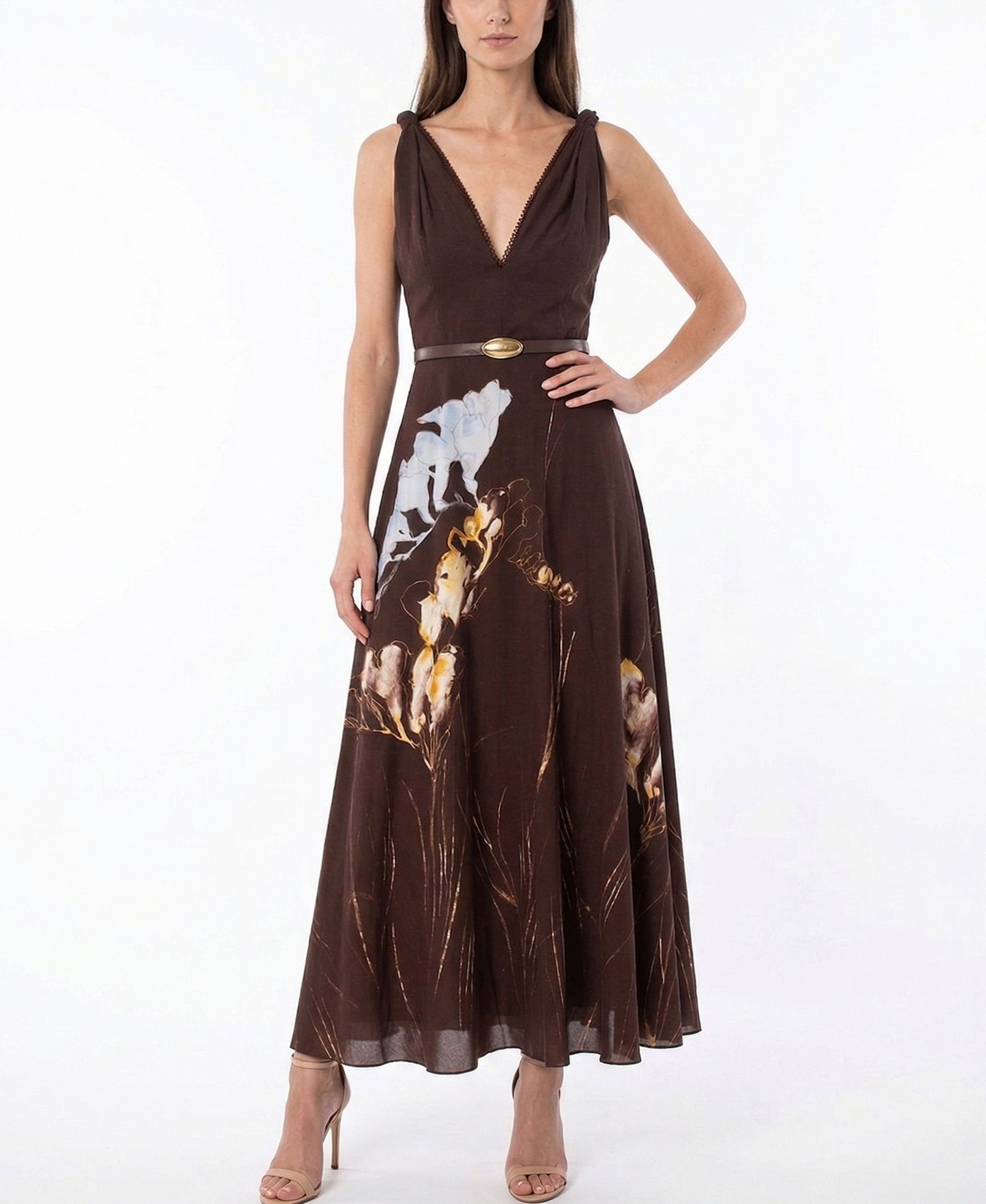Taylor Women's Floral Belted V-Neck Sleeveless Dress