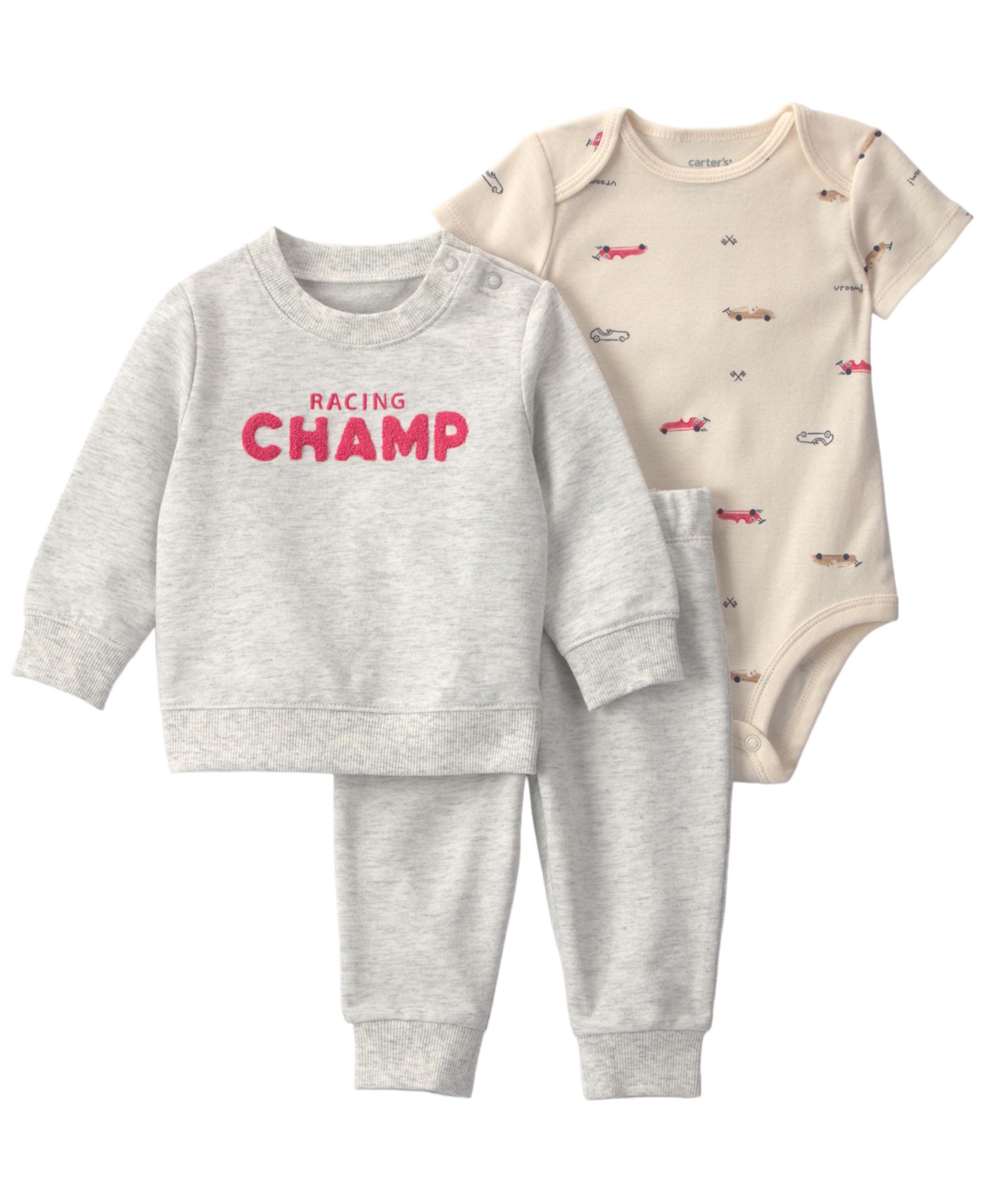 Carter's Baby Boys' Race Car French Terry Layering Long-Sleeve Sweatshirt, Bodysuit and Pant, 3-Piece Set