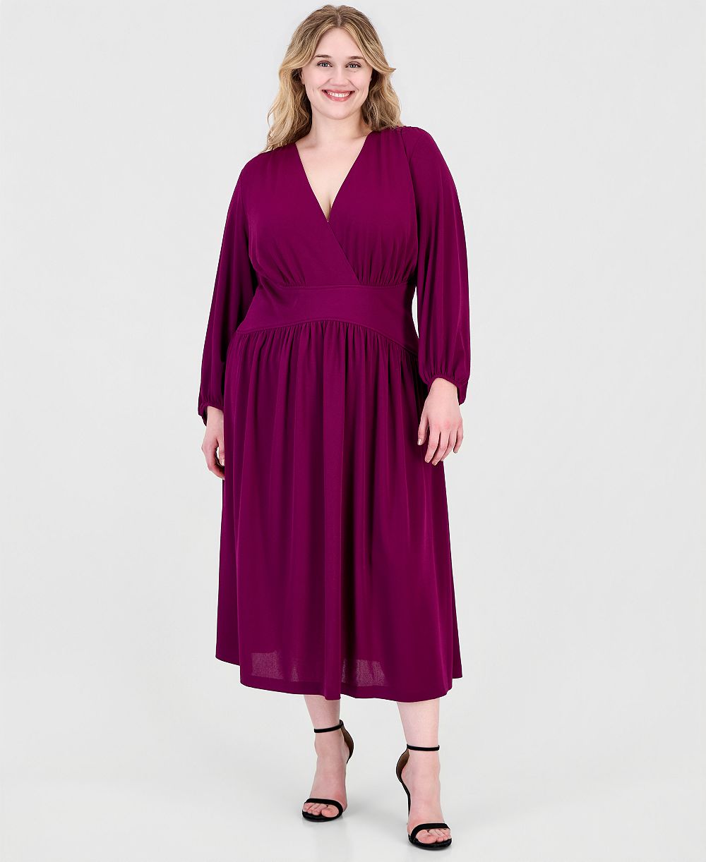 Женское миди-платье Anne Klein Plus Size Cross с длинным рукавом фасона Fit & Flare