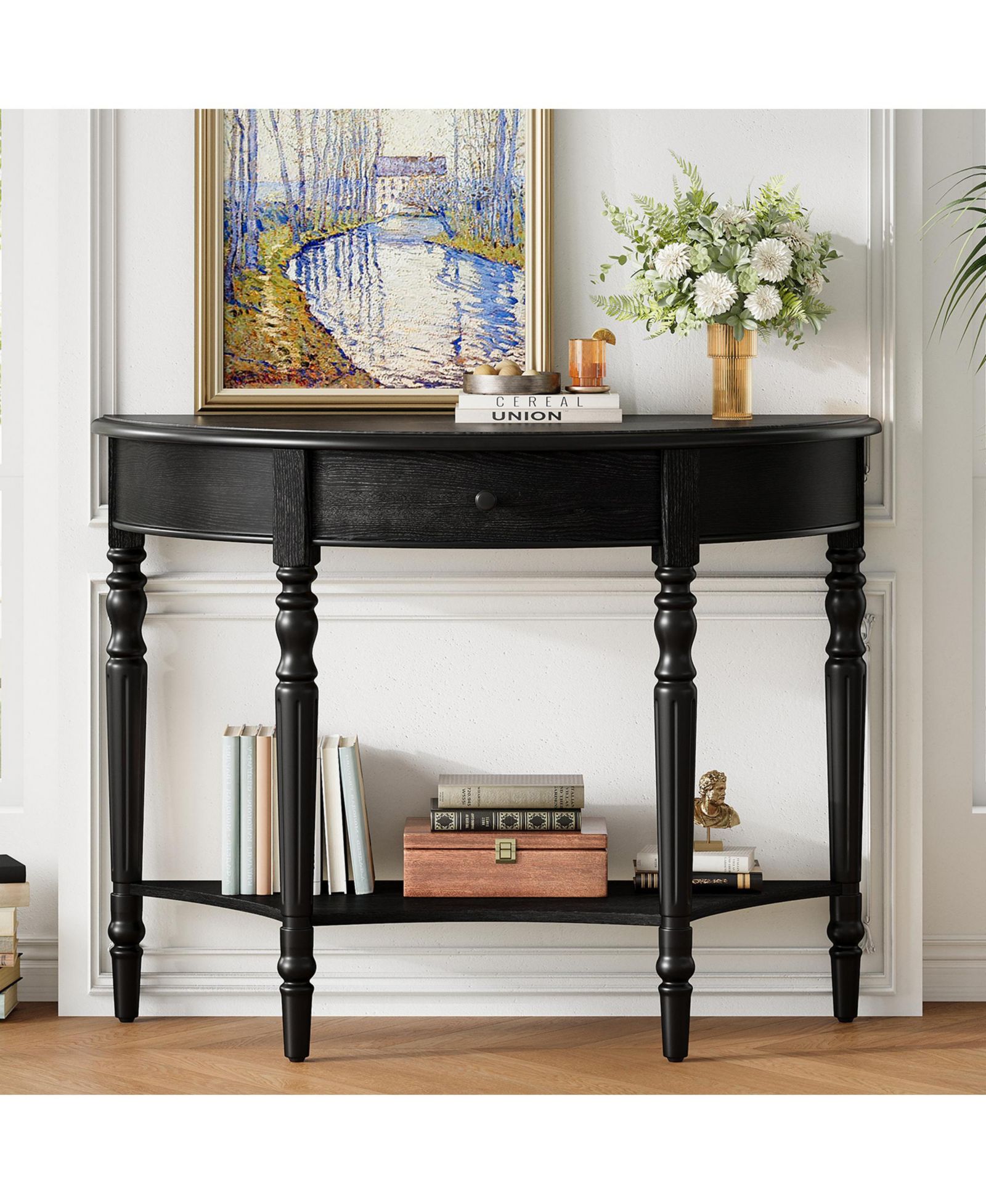 RAINSKEN Farmhouse Half Moon Console Table, Rustic Accent Table with Storage Drawer and Shelf, Sofa Table for Entryway, Living Room, Hallway