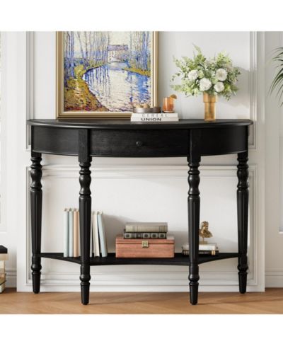 RAINSKEN Farmhouse Half Moon Console Table, Rustic Accent Table with Storage Drawer and Shelf, Sofa Table for Entryway, Living Room, Hallway