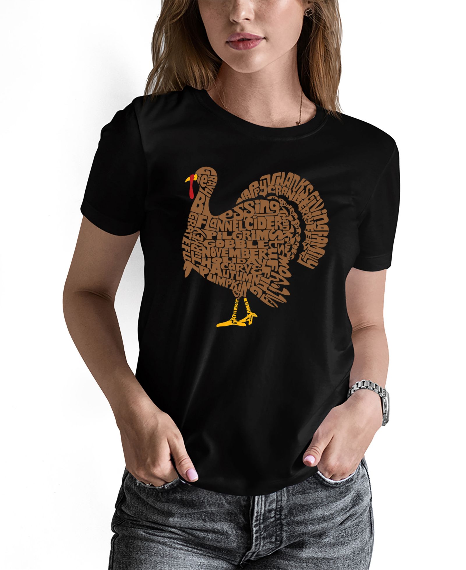 LA Pop Art Women's Thanksgiving Turkey Word Art Pullover Top