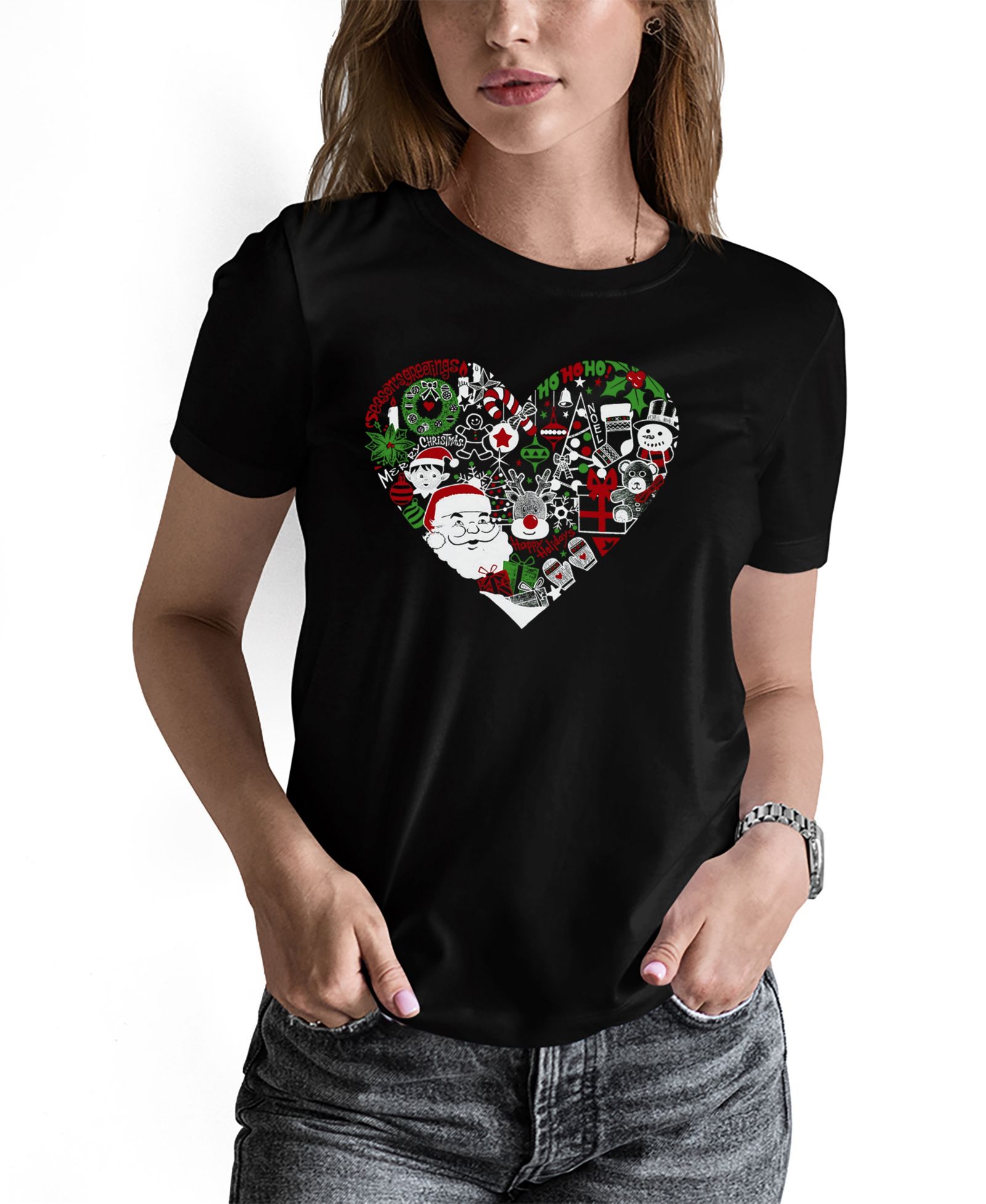 LA Pop Art Women's Christmas Themed Heart Word Art Pullover Top