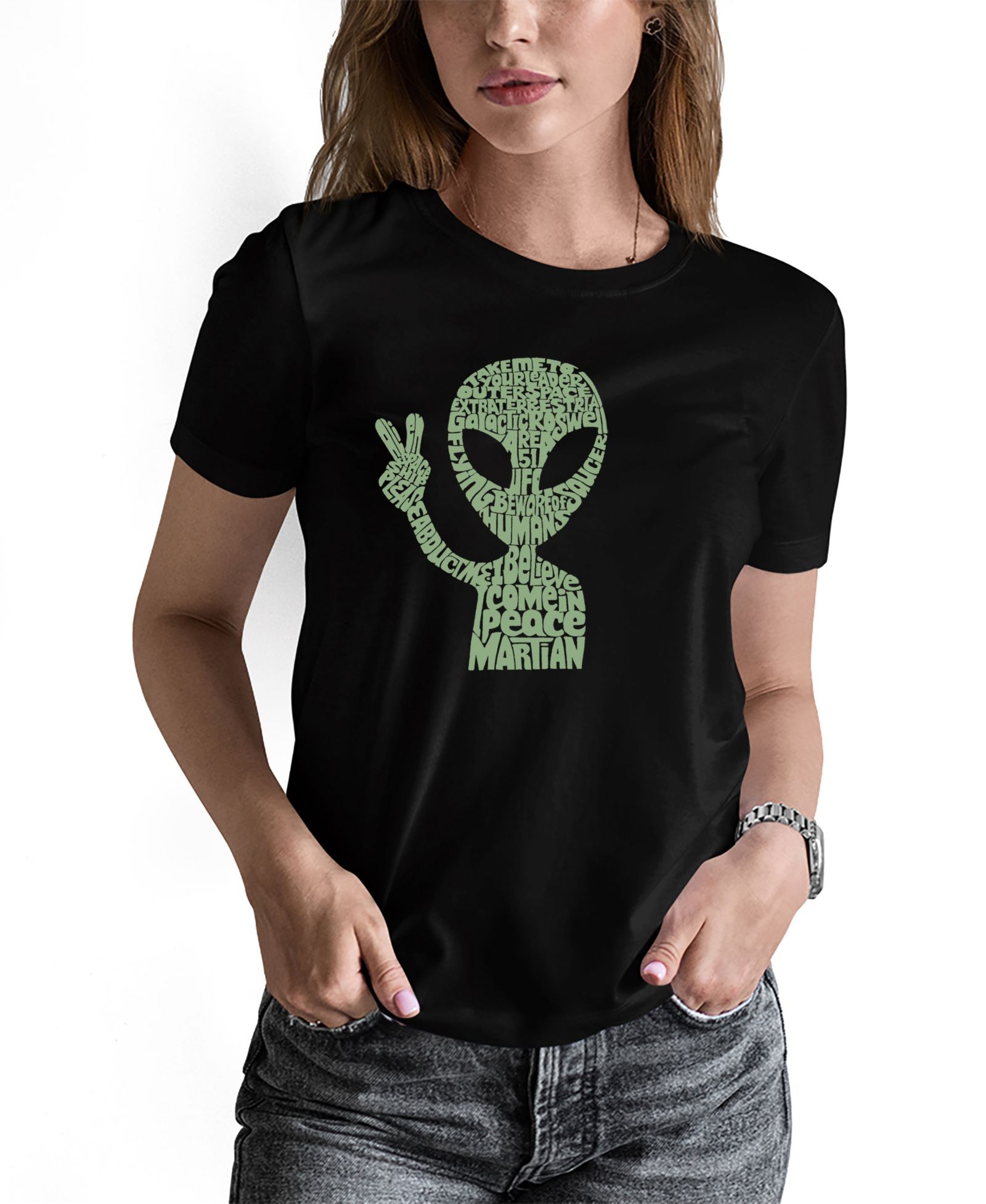 LA Pop Art Women's Peace Alien Word Art Pullover Top