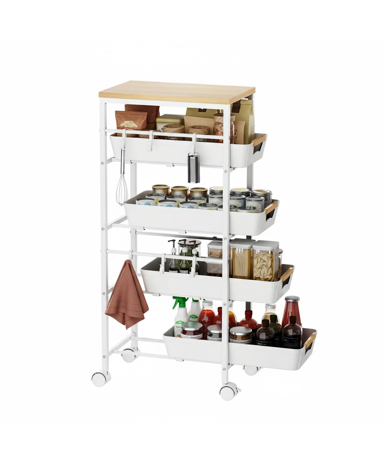 YIGII 5-Tier Slim Rolling Storage Cart Wooden Top Pull-Out Baskets Narrow Space Organizer for Kitchen Bathroom Laundry