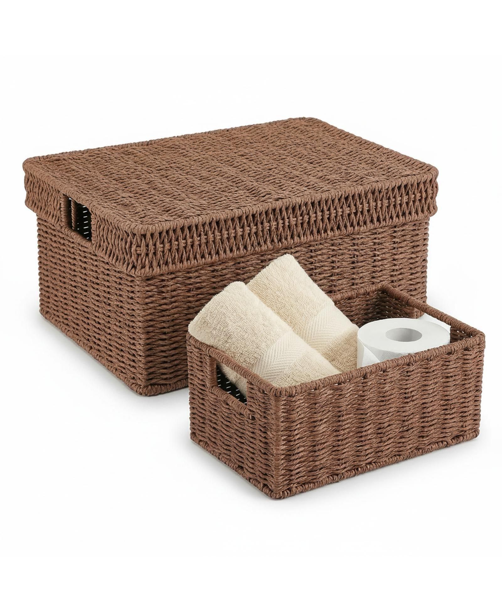 YIGII Wicker Storage Baskets With Lids 3-Piece Set Premium Plastic Rattan Handcrafted Organizing Bins for Home Decor
