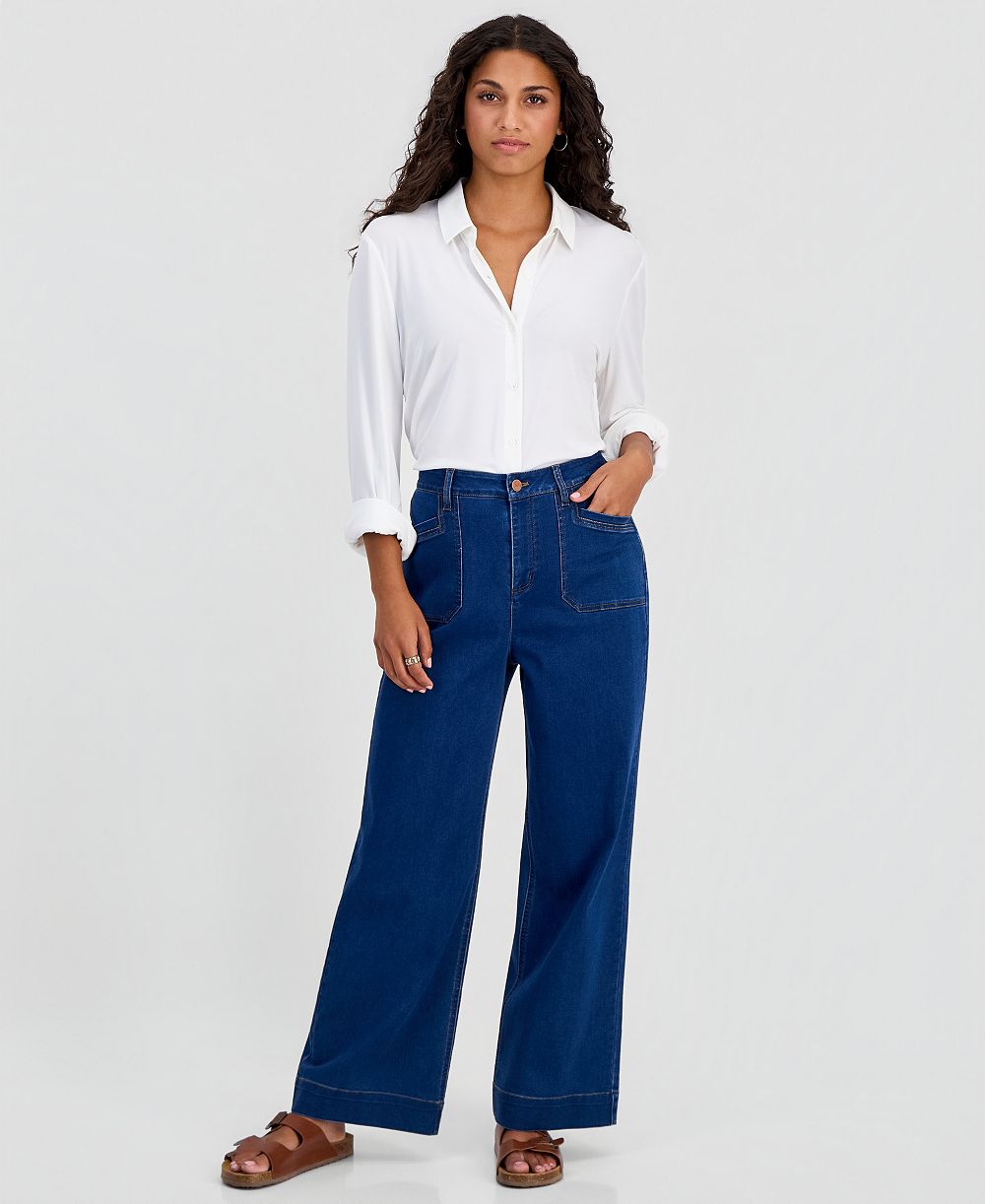 Jones New York Petite Lexington High-Rise Wide-Leg Patch Pocket Jeans