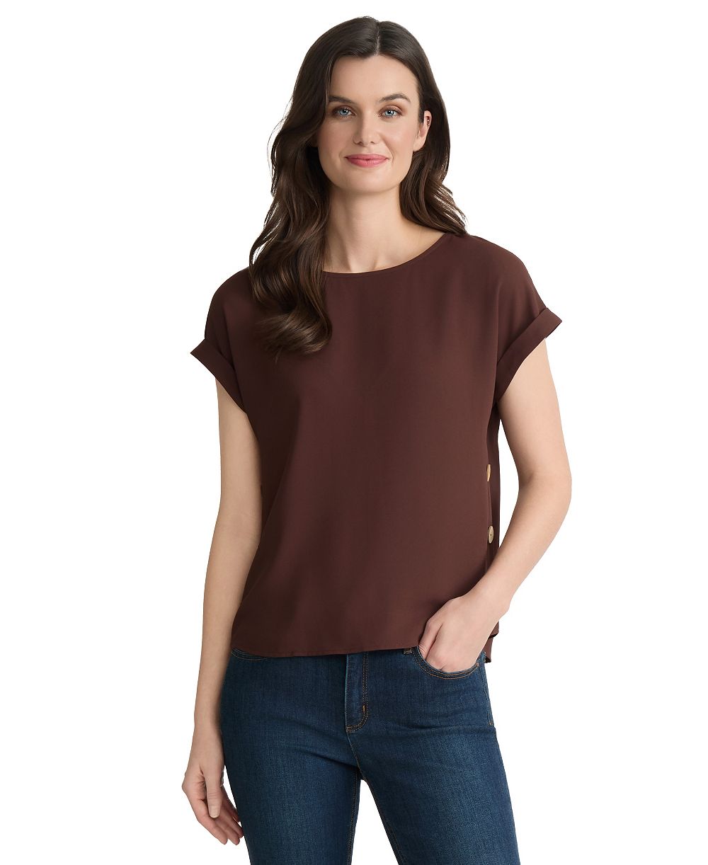 Jones New York Petite Short-Sleeve Button Detail Blouse