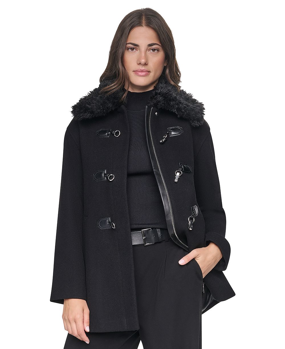 DKNY Women's Faux-Fur Collared Wool-Blend Mid-Length Coat