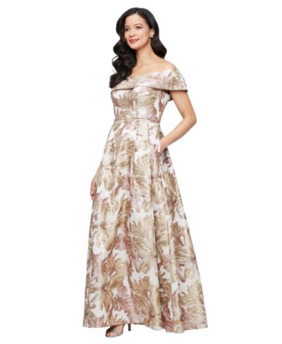Alex Evenings Women's Off-the-Shoulder Printed Jacquard Ballgown
