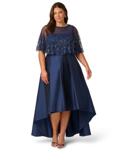 Adrianna Papell Plus Size Cape Detail Asymmetrical Ball Gown